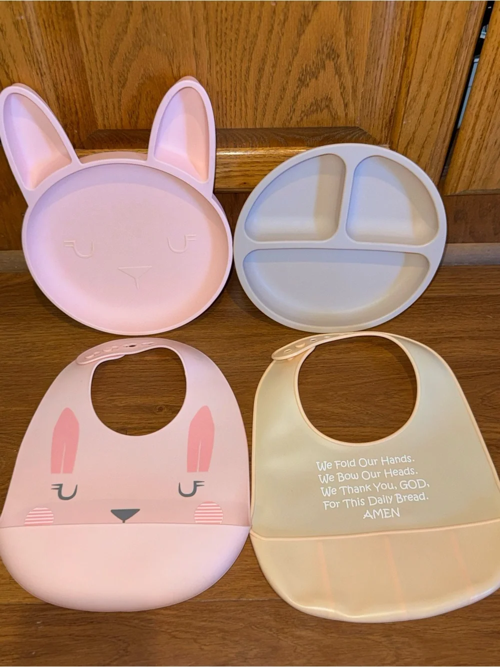 Silicone Bunny Bib and Plate Set - Pink & Cream